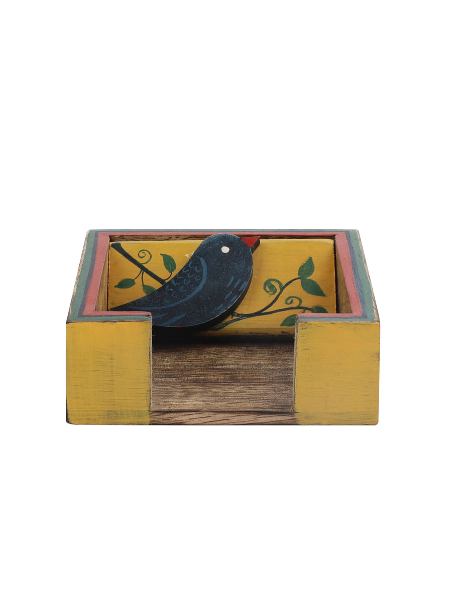 VarEesha Hand Painted Yellow Bird Mango Wood Paper Slips Holder