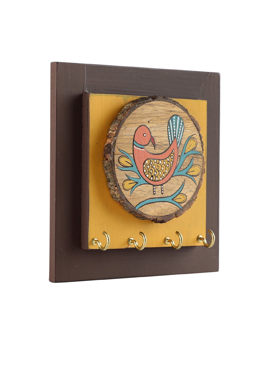 Chiraiya Hand Painted Gond Art Pink Bird Square Wooden Key Holder by ...