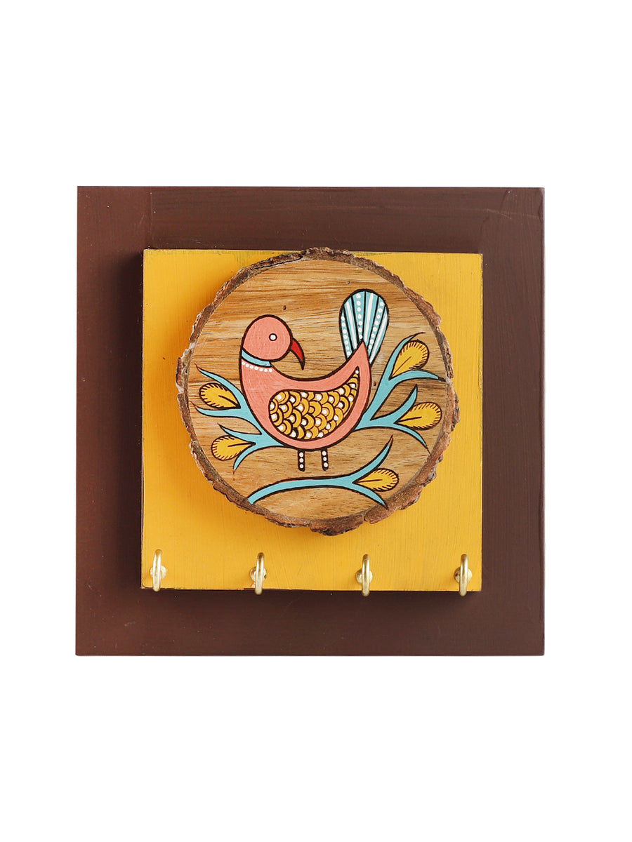 Chiraiya Hand Painted Gond Art Pink Bird Square Wooden Key Holder by ...