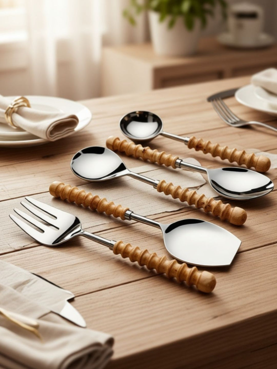 VarEesha Grooveline Wooden Handle Stainless Steel 5 Pc Serving Spoons Set