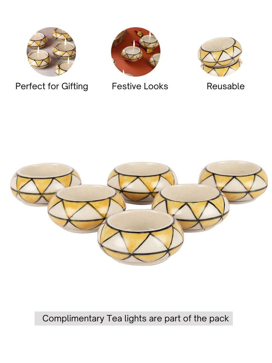 VarEesha Yellow Triangles Ceramic Diyas/ Tea Light Holders Set of Six