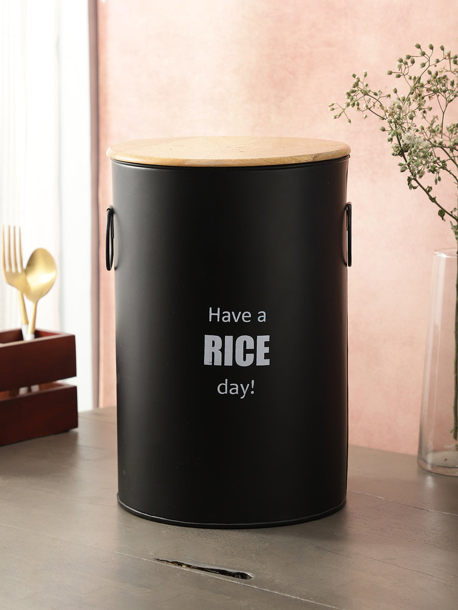 VarEesha Ardura Black Metal Rice Container with Wooden Lid