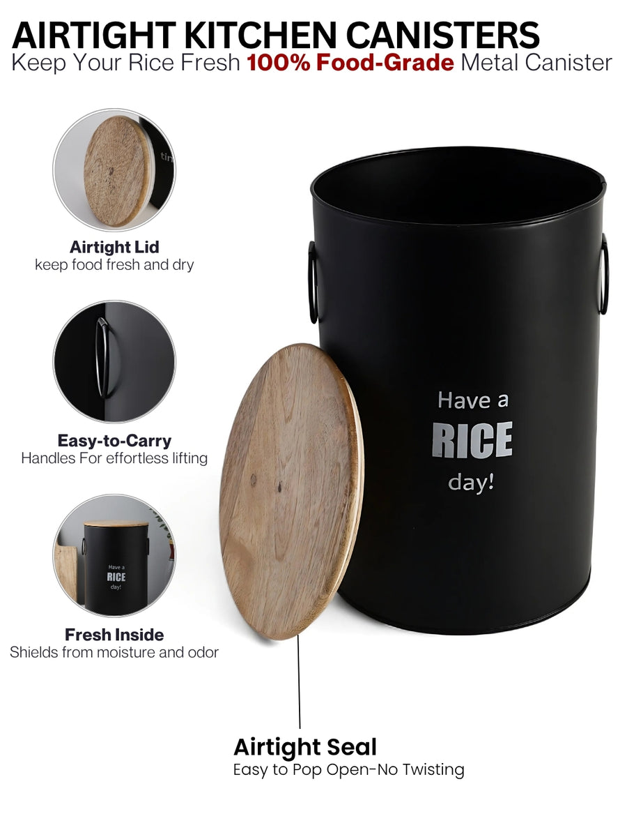 VarEesha Ardura Black Metal Rice Container with Wooden Lid