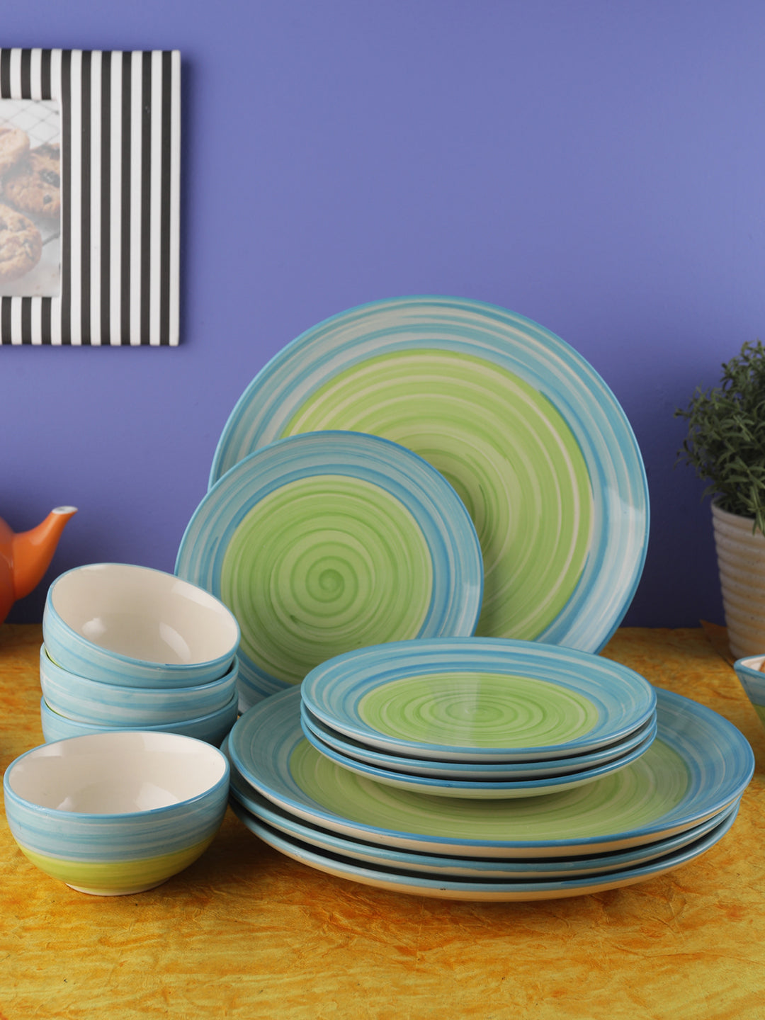 Hand Glazed Dinner Plates With Side/Quarter Plates & Katoris In Ceramic (12  Pieces, Microwave Safe)