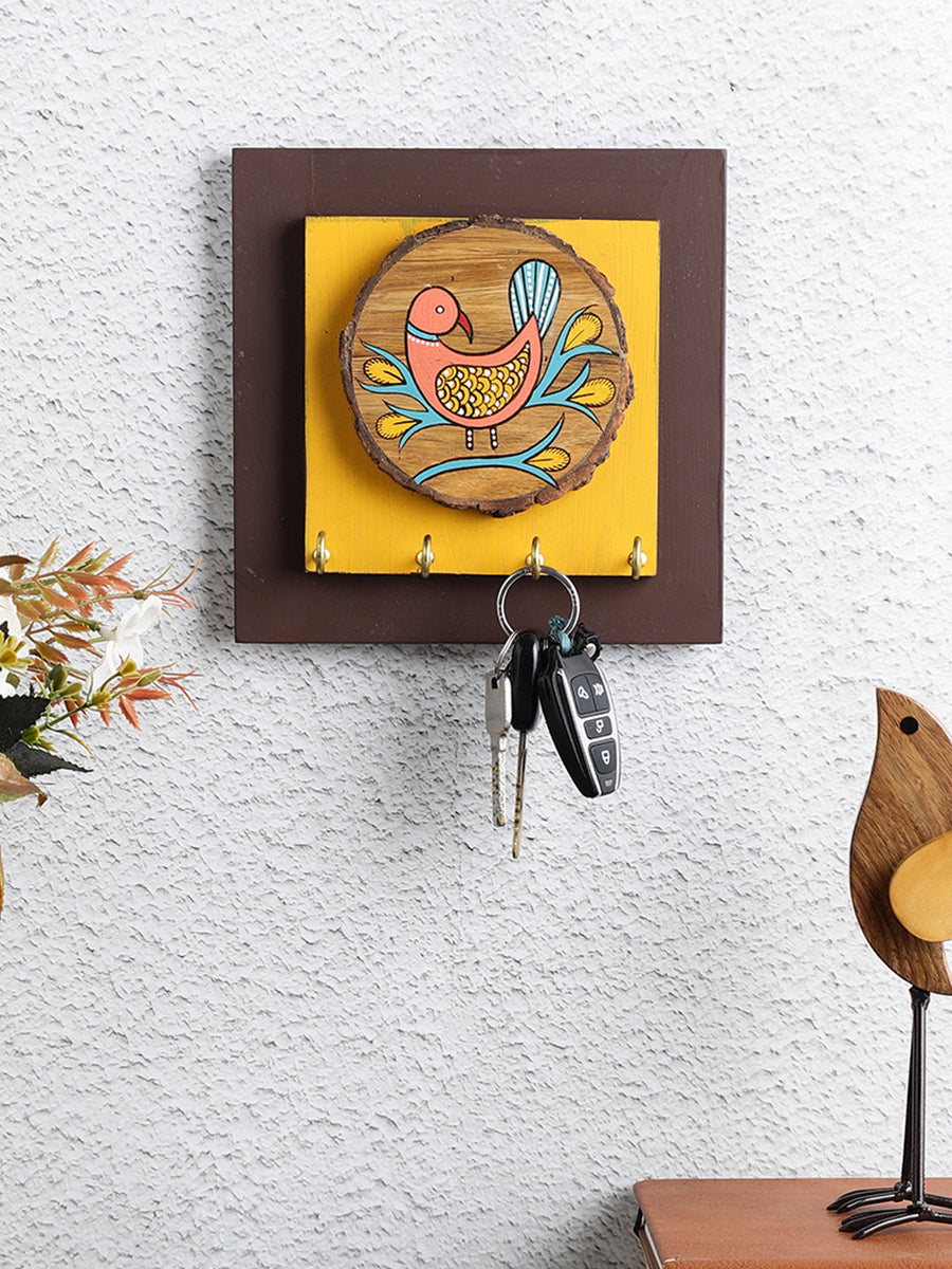 Chiraiya Hand Painted Gond Art Pink Bird Square Wooden Key Holder by ...