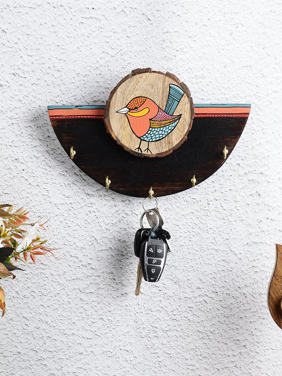 Chiraiya Hand Painted Gond Art Mango Wood Semicircle Key Holder by ...